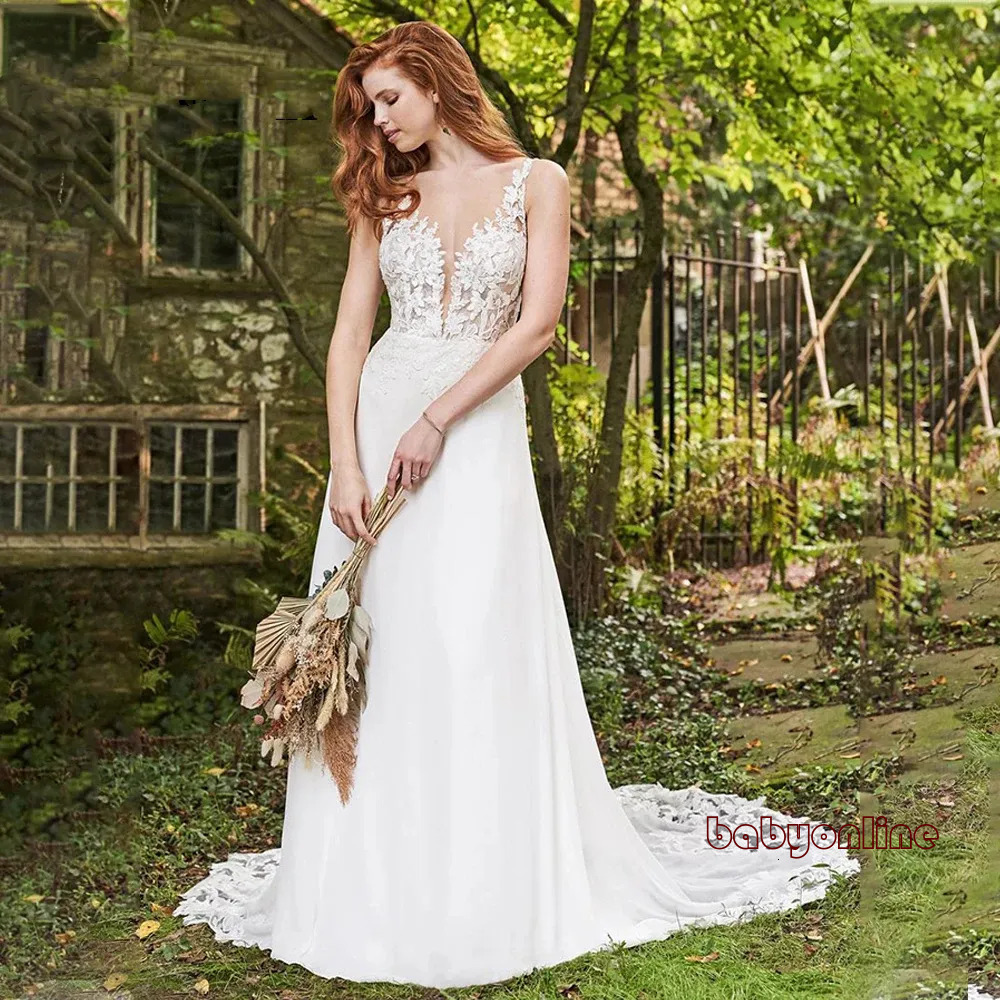Bohemian Chiffon Mermaid Wedding Dresses Lace Appliques Spaghetti Sleeveless Long Beach Bridal Gowns Sexy Backless Boho Bride Dress Summer Vestido 7
