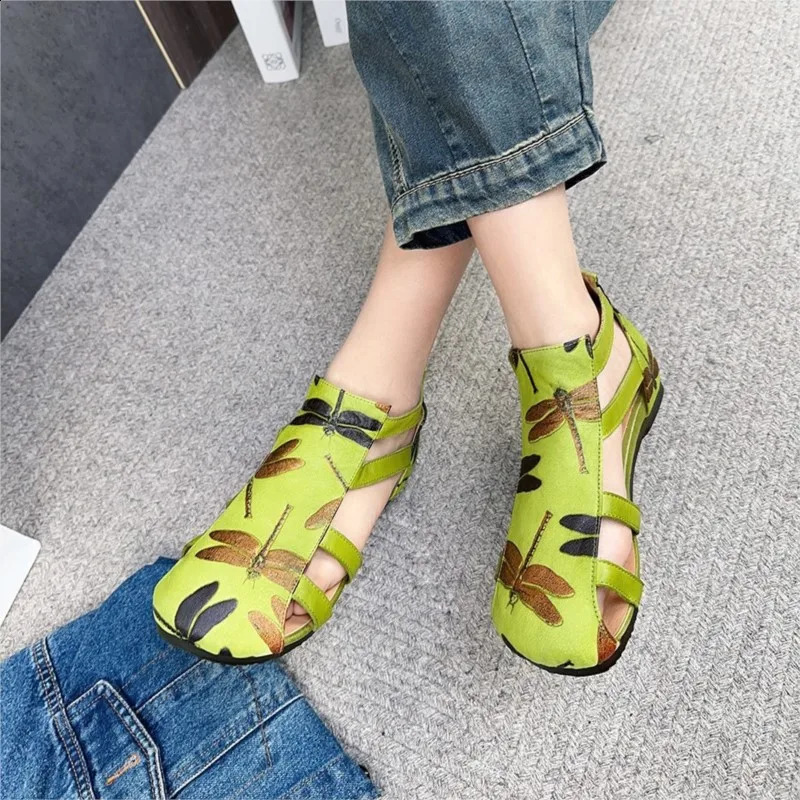 Johnature Genuine Leather Printed Roman Sandals 2026 Summer Back Zippered Flat Hollow Round Toe Womens Shoes 260721