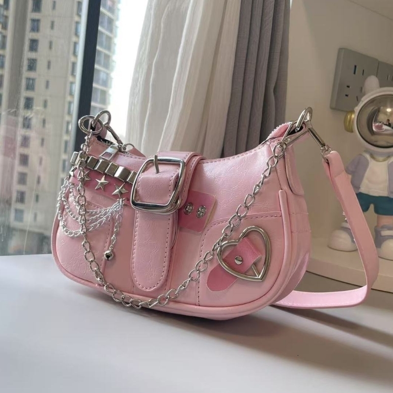 Fashion Girls Square Shoulder Bags Retro Rivet Star Womens Underarm Bag Sweet Pu Leather Female Chain Handbags Pink Purse 260721