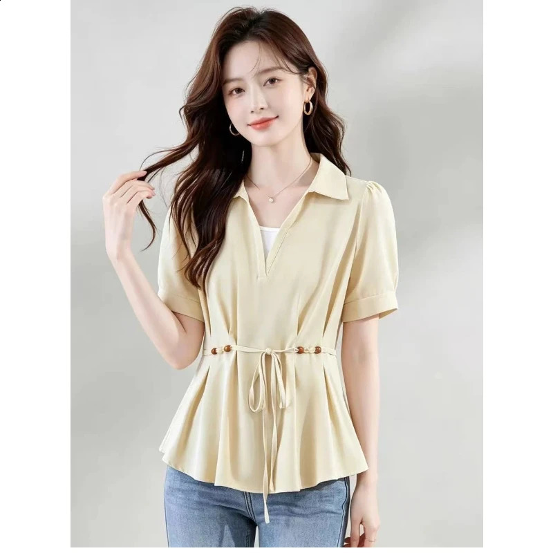 Chiffon Contrast Patchwork Plus Size Elegant Blouse Summer Short Sleeve Lacing Casual Shirts Fashion Office Women Clothing 260713BANJIA