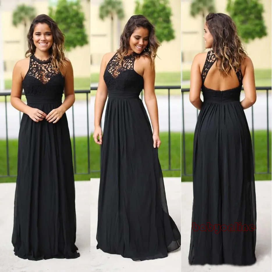 Sexy Long Black Chiffon Junior Bridesmaids Dresses Halter Neck Cheap Lace Country Beach Summer Bridesmaid Dress Wedding Guest Party Gowns 722