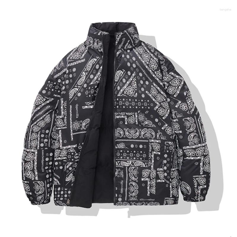 Men's Down Bandana Print Winter Jacket Men 2 Side Wearable Padded Thick Warm Paisley Coat Man Elegant Hiphop Punk Male StreetwearA1