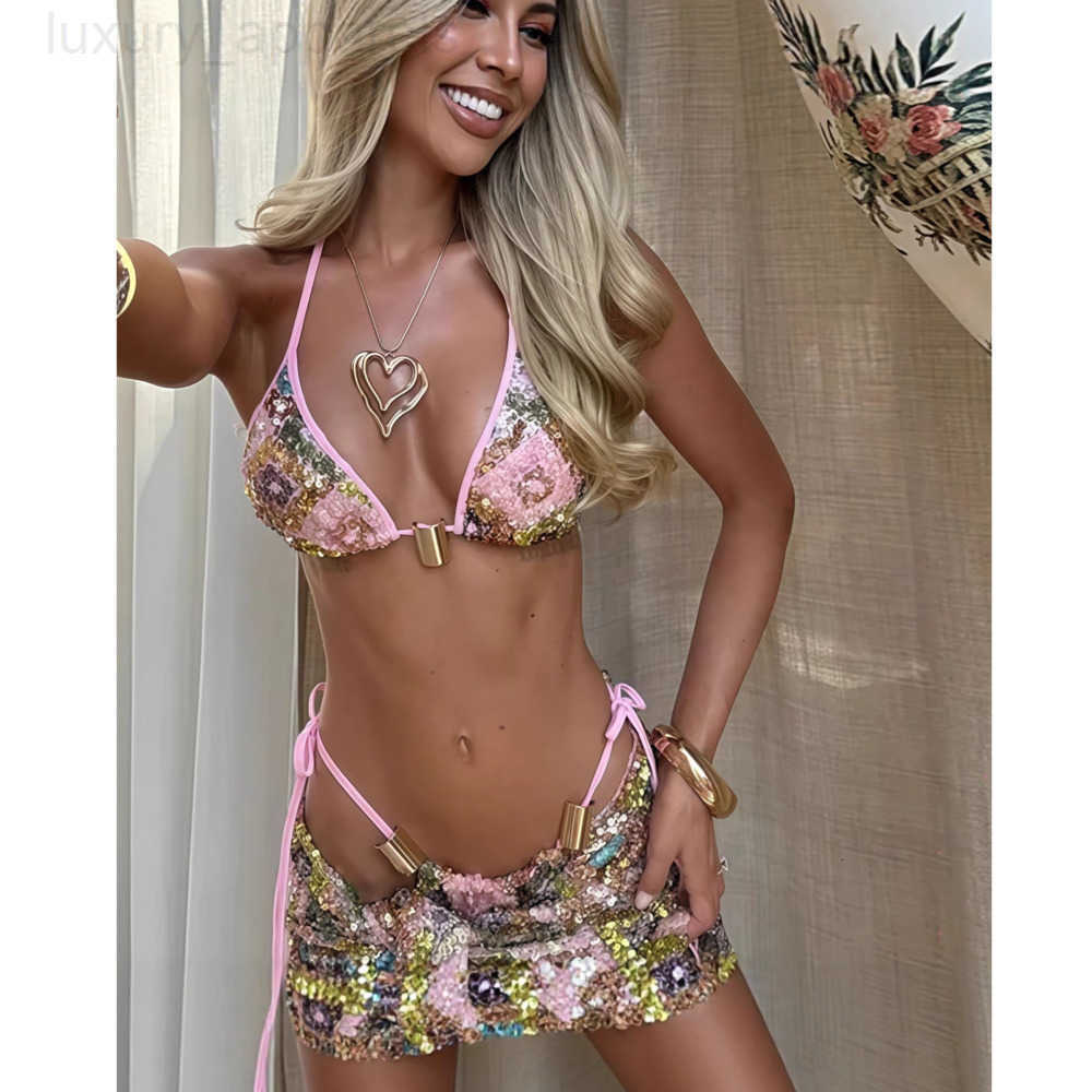 Womens Swimwear Womens Swimwear Sexy Sequin Bikini Skirt Sets Women Fashion Holiday Lace Up Top Ribbon Mini Skirts Female 2026 Summer Beach Lace Up