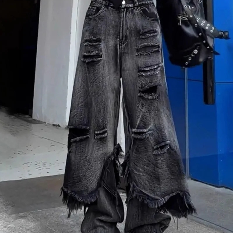 American Gothic Streetwear Loose Denim Pant Y2k Aesthetic Vintage Hole Lrregular Baggy Wide Leg Trousers Harajuku Tassel Pants 260721BJ