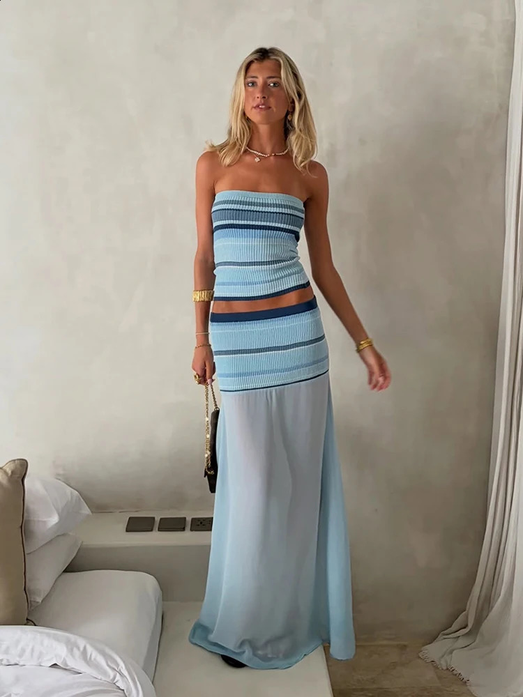 Weird Puss Striped Print Knitting 2 Piece Set Women Sexy Sleeveless Tank TopMesh Patchwork Long Skirt Elegant Party Clubwear 260722BJ