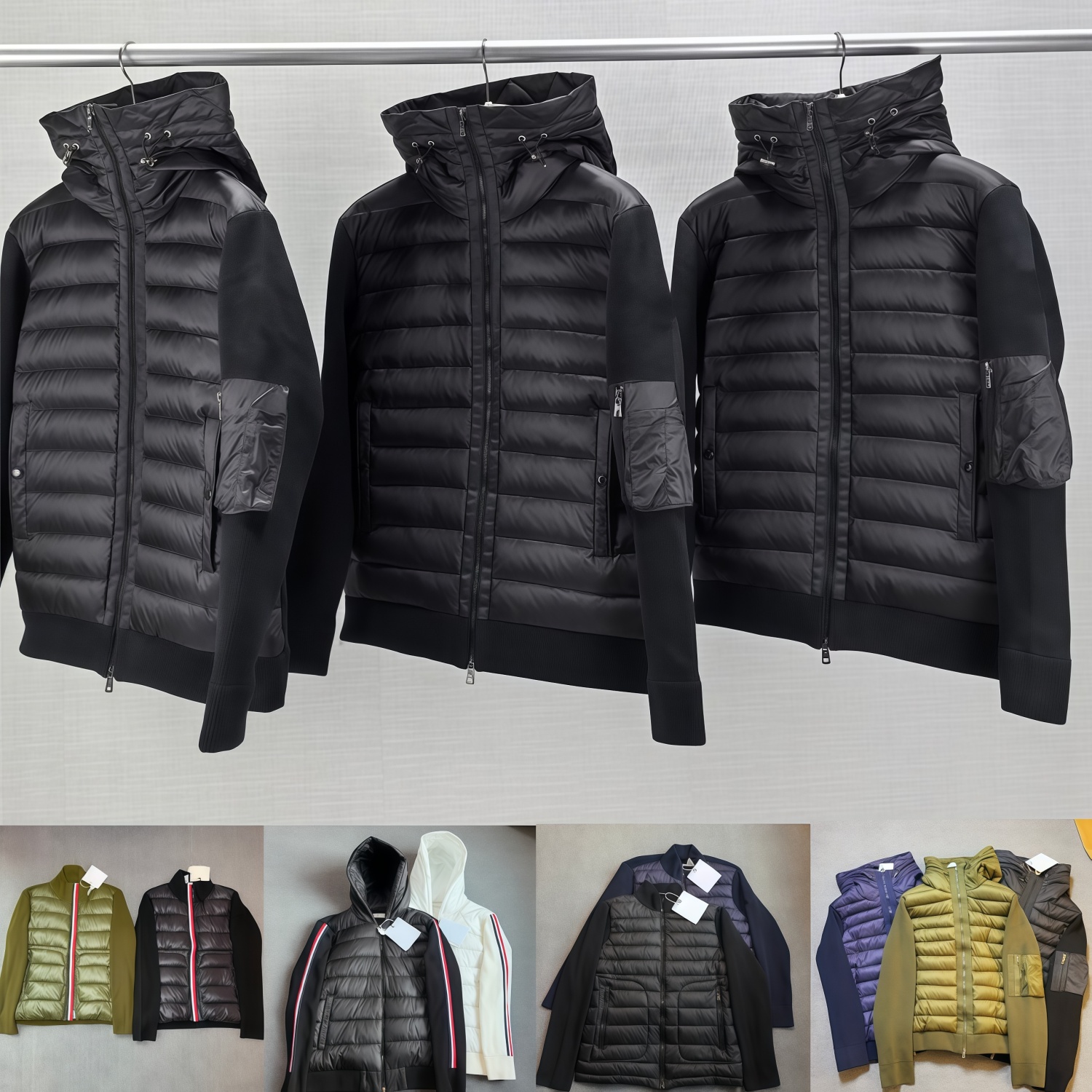 designer puffer jacket mens Hybrid Knit Sleeve Down Jacket Hooded Lightweight Patch Logo Quilted Outerwear Black Casual Winter Jacket doudoune homme