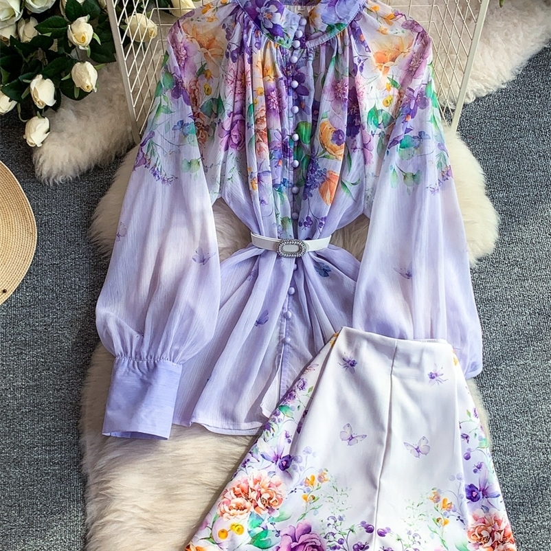 French Floral 2 Piece Set Summer Purple Puff Sleeve Chiffon Blouse High Waist Shorts Women Elegant Summer Outfit 260716BJ