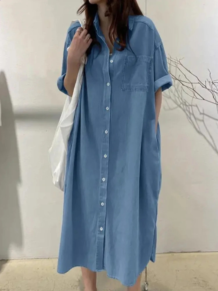 2024 Autumn Fashion Collection Womens Cowboy Long Dress Loose Single Breasted Flip Collar Casual Medium Shirt 260720banjia