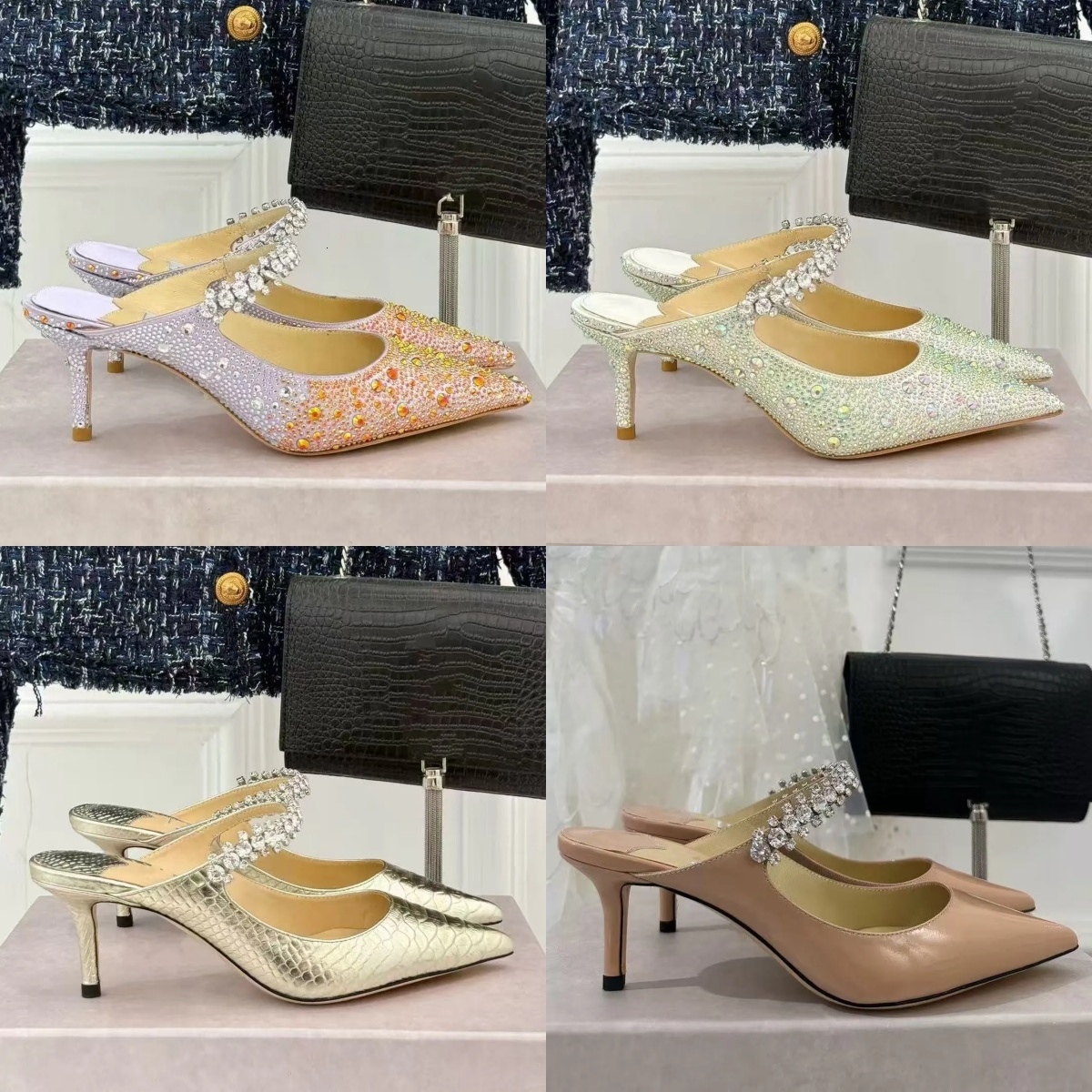 Designer Luxury Womens Rhinestone High Heel Pump Shoe Crystal Point Toe Silver Chain Fashion Formal Party Night Fall Trendy Footwear Comfort Sole Ne