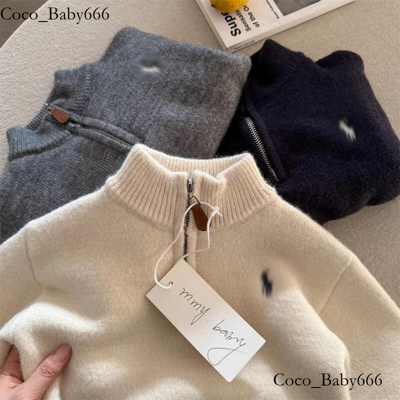 Designer Kids Fleece Lined Sweater Pullover Boys Girls Toddler Embroidery Half High Neck Thickened Warm Zip Up Knit Top Winter Fall