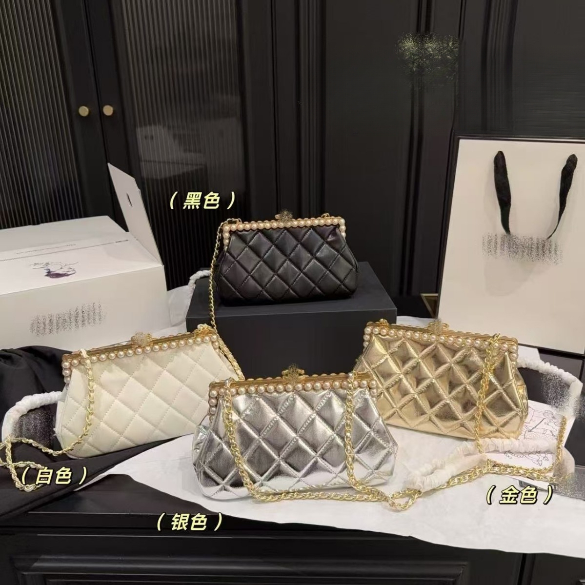 2026 new model diamond-pattern pearl chain shoulder and crossbody bag designer bag women's genuine leather handbag