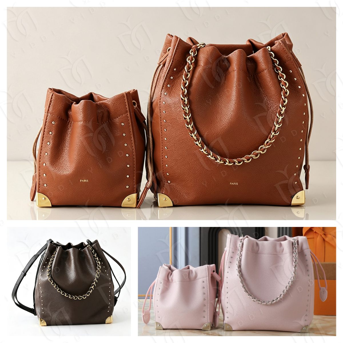 Classic Brown Monogram Drawstring Bucket Bag Designer Bag Shoulder Crossbody Purse Metal Stud Decoration Gold Metal Corner Protector Women Vintage B