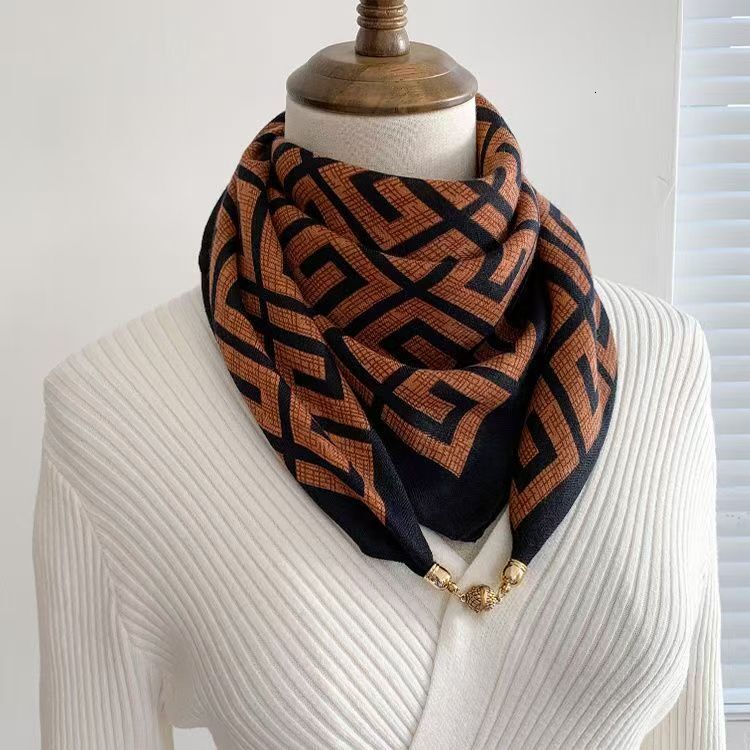 Designer Warm Square Scarf With Magnetic Buckle Triangular Silk Cotton Women s Spring And Autumn Winter Neck Shawl Elegant High quality Cape Luxu