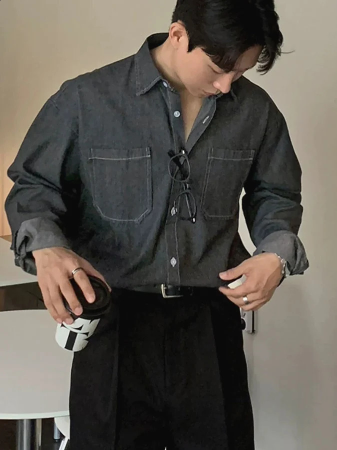 Korean Style Mens Denim Shirt Long Sleeve Casual Workwear Hard Cloth Jacket Double Pocket Slim Fit American Retro Outerwear 260713BANJIA