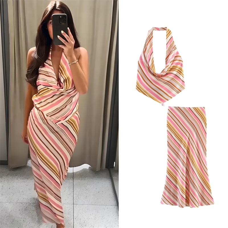 Women Casual Print Stripe Skirt Sets Or Summer Female Slim Sleeveless Halter V-Neck Crop Tops Or Lady High Street Beach Skirts 260722BJ