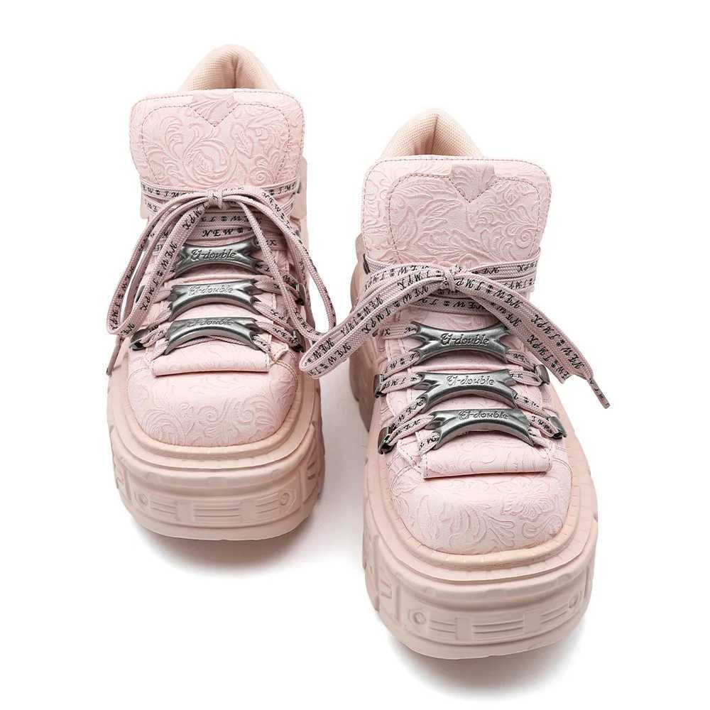 Gothic Ankle Rock Boots Women Shoes White Leather Platform New Punk Style Lace-up Heel Height Shoes Metal Decor Woman Sneakers T260723