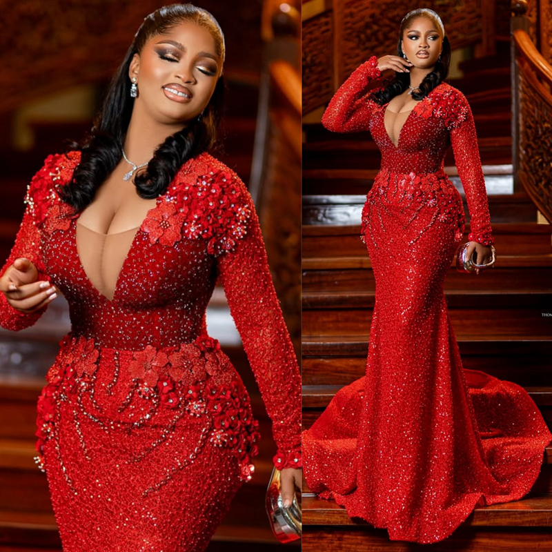 Plus Size Red Mermaid Prom Dress 2026 Evening Dresses Deep V