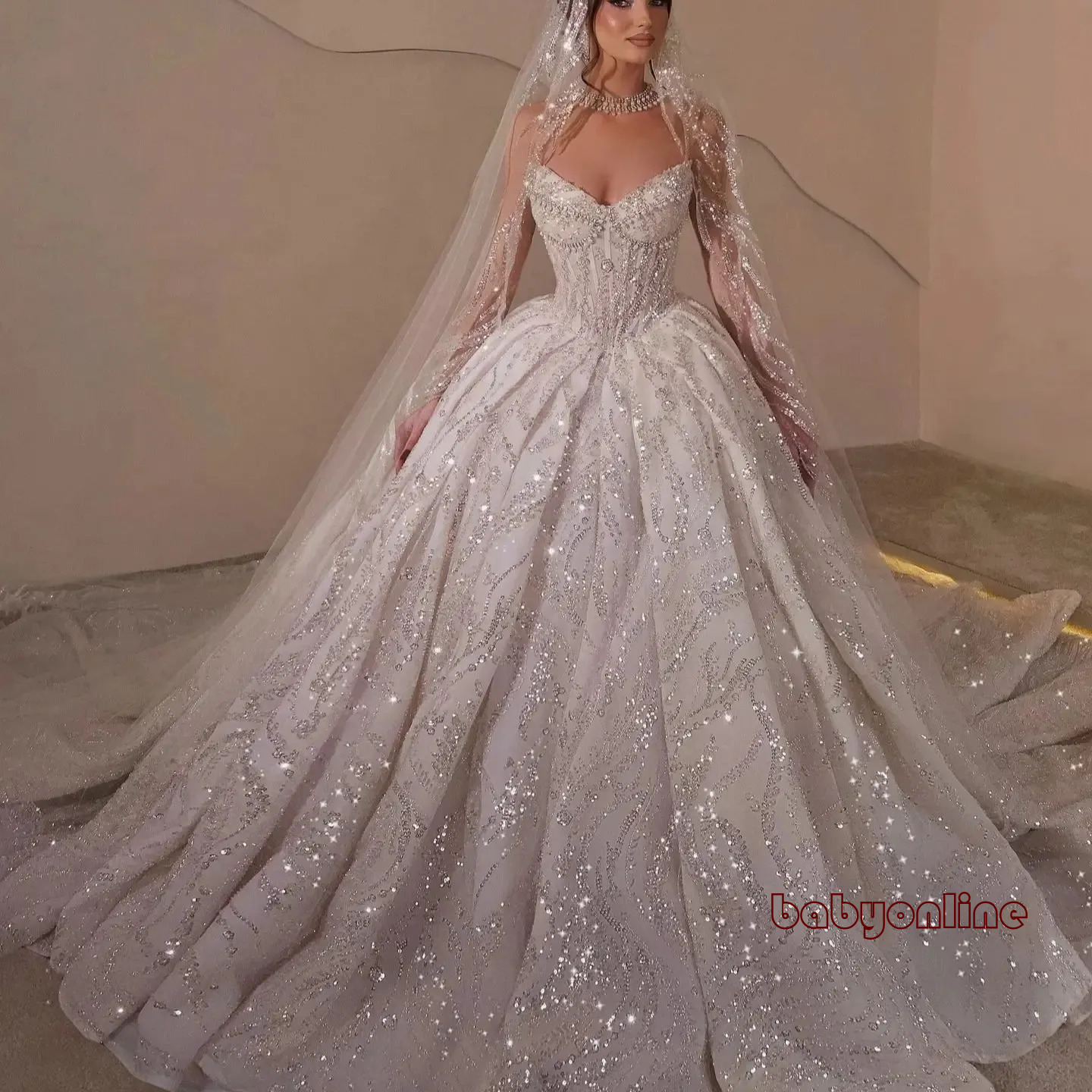 Luxury Princess A Line Wedding Dress Sleeveless Sweetheart Neckline Sequined Embroidery With Pearls Lace Up Back Court Train Built In Bra Modern Vin