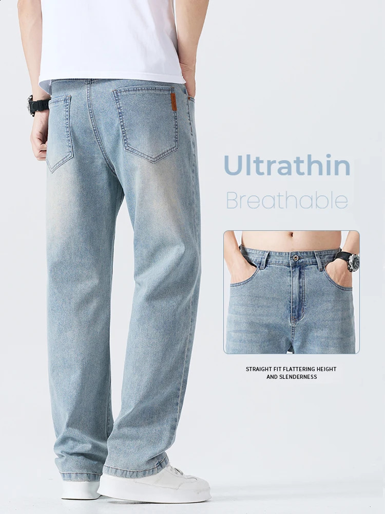 Breathable Soft Mens Casual Jeans Summer Ultrathin Straight Loose Business Trousers Male Blue Fashion Denim Pants 260721banjia