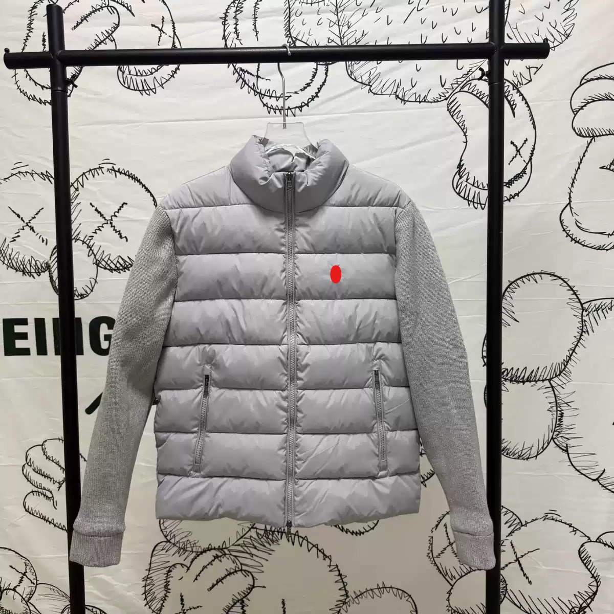 Polo jacket Mens Hybrid Puffer Jacket Stand Collar Knit Sleeve Quilted Outerwear Red Pony Logo Zip Pocket Black Green Gray Three Colors Light Warm C