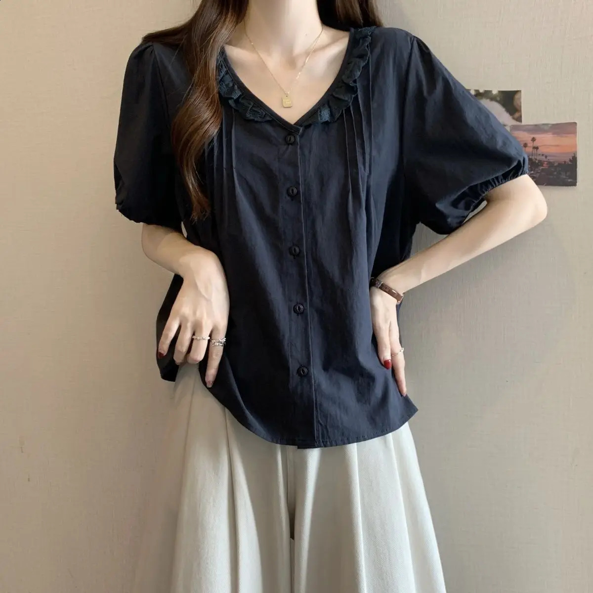 Summer largesize womens clothing solid color sweet wind loose and thin wrinkled lace Vneck shortsleeved shirt 260713BANJIA