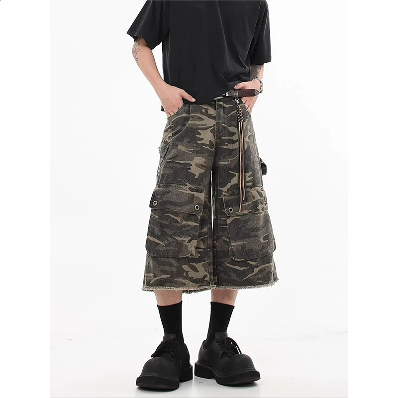 American Washed Light Cropped Mens Denim Shorts Summer High Waisted Loose Straight Wide Leg Knee Length Jeans 260721banjia
