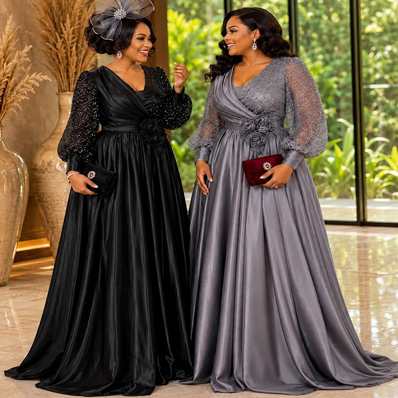 Plus Size Mother Of The Bride Dress 2026 Chiffon Long Sleeves V Neck Pleated Mother's Dress Beaded Sequined Lace Gowns For African Black Women
