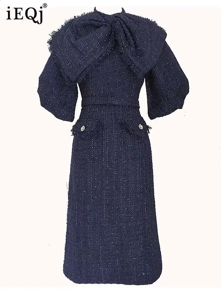 IEQJ Bownot Tassel Spliced Puff Sleeve Tweed Dresses For Women Vintage Elegant High Waist Slim Dress Clothing 3WQ7259 260722BJ