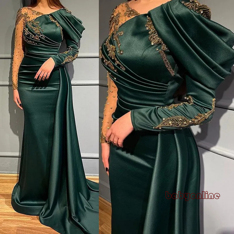 Elegant Jade Green Evening Dresses Arabic Dubai Gold Lace Applique Beaded Long Sleeve Mermaid Prom Gown Satin Celebrity Party Wear Robes De Soiree 7