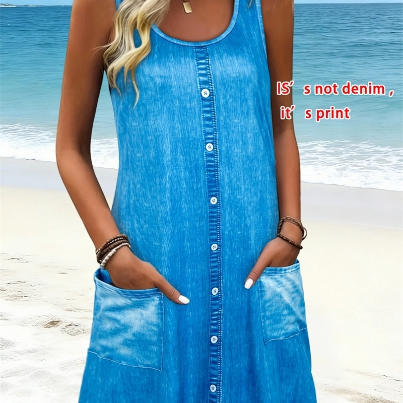 Womens Faux Denim Print Sleeveless Mini Dress Scoop Neck Casual Sundress With PocketsSummer Beach Daily Vacation Short y260720banjia