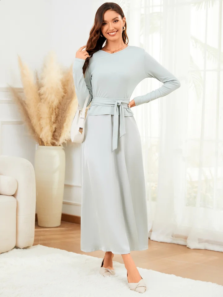 2025 Spring Summer Women Cotton VNeck Knitted Top with Belt Silk Solid Color Strap Long Skirt Casual Commute Wear 260720banjia