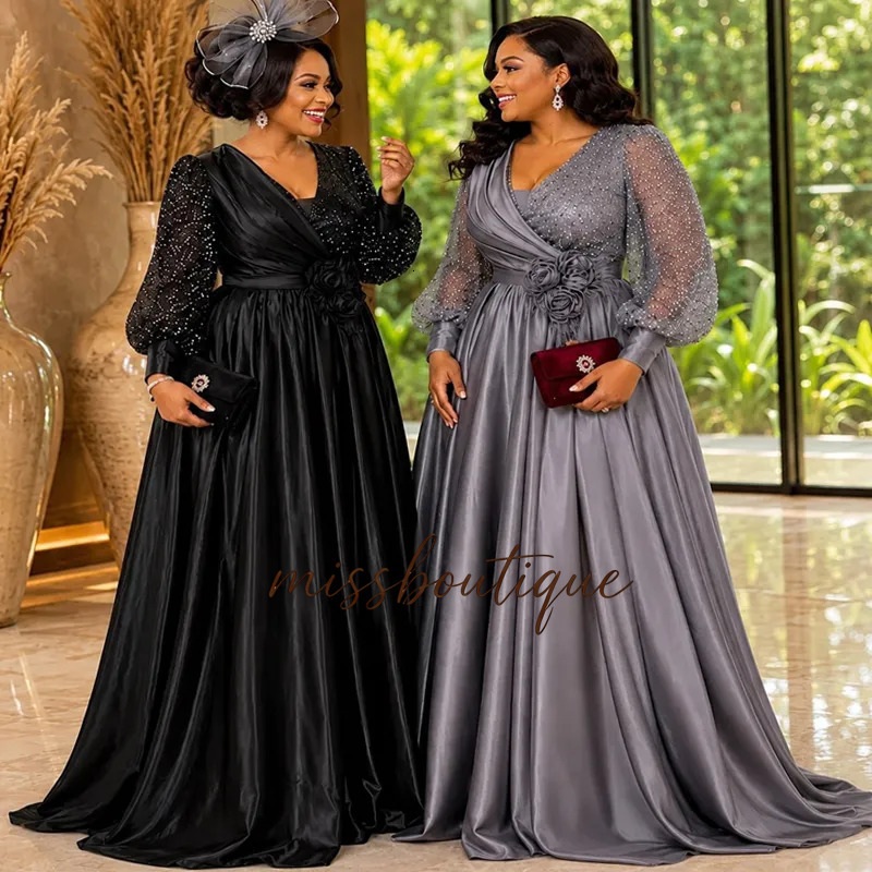 Plus Size Mother Of The Bride 2026 Chiffon Long Sleeves V Neck Pleated Mother's Dress Beaded Sequined Lace Gowns For African Black Women Marria