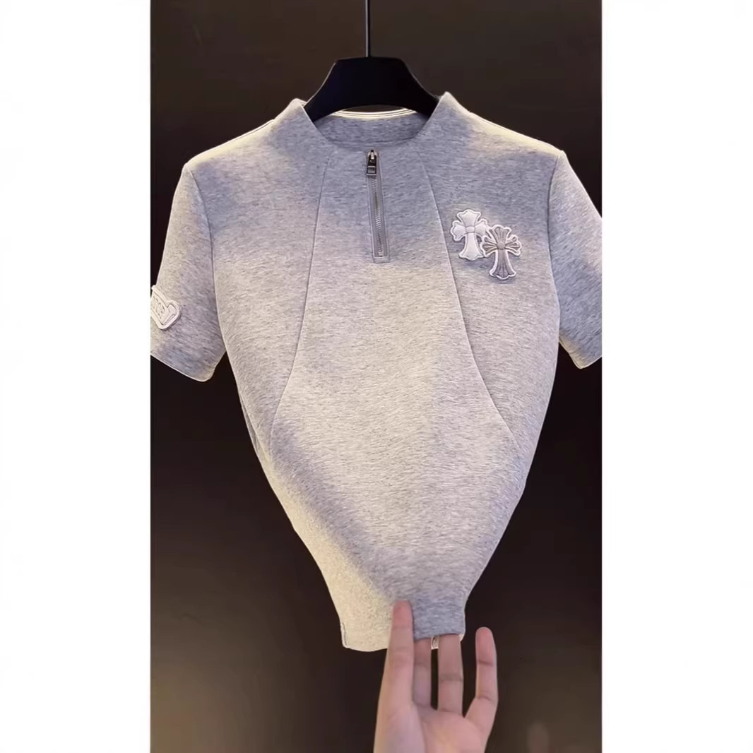 Four Seasons Unisex Half Zip Stand Collar Short Sleeve T Shirt Tailored Seam Cutting White Cross Patch Decor Soft Breathable Knit Slim Fit Daily Str