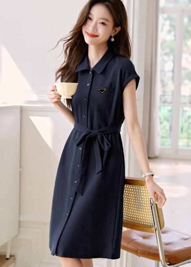 Mid-length shirt dreess brand new Designer women's casual dresses plus size short sleeves slim fit summer solid color skirts
