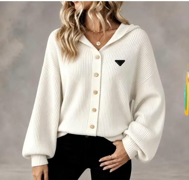 women Jacket For Luxury Designer Vintage Hooded Knitted Cardigan Loose Dropped Shoulder Sleeve Button Corduroy Outerwear Womens Coat