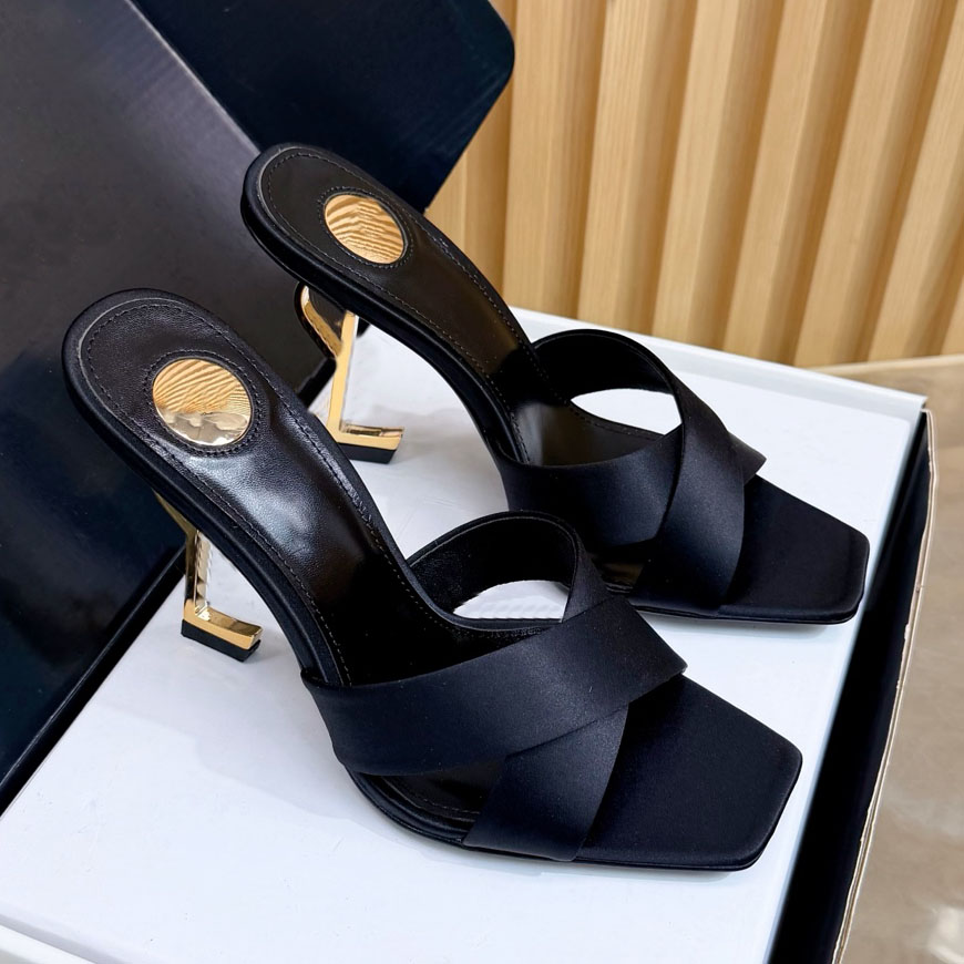 Top Quality OPYUM Mules Satin Crepe Sandal Women Square Toe Crisscrossed Straps Heel Sandals Anti Slip Fashion High-Heeled Sandals Size 35-42