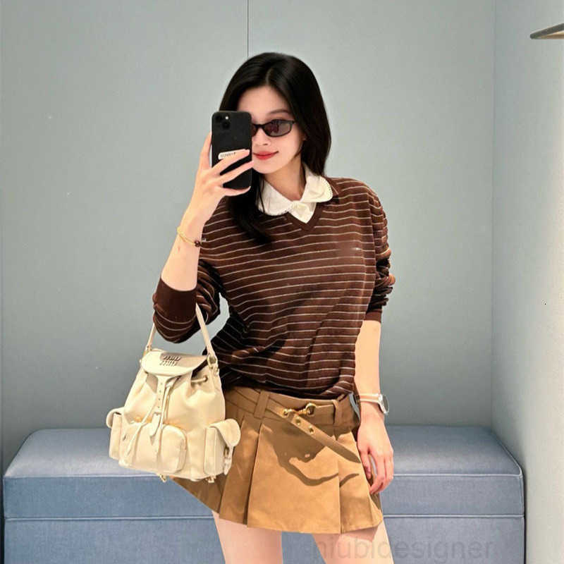 DesignerDesigner 26 Summer New Style Nanyou High-End Miu Simple Casual Dark Brown Striped Polo Collar Knit Sweater 8DCV