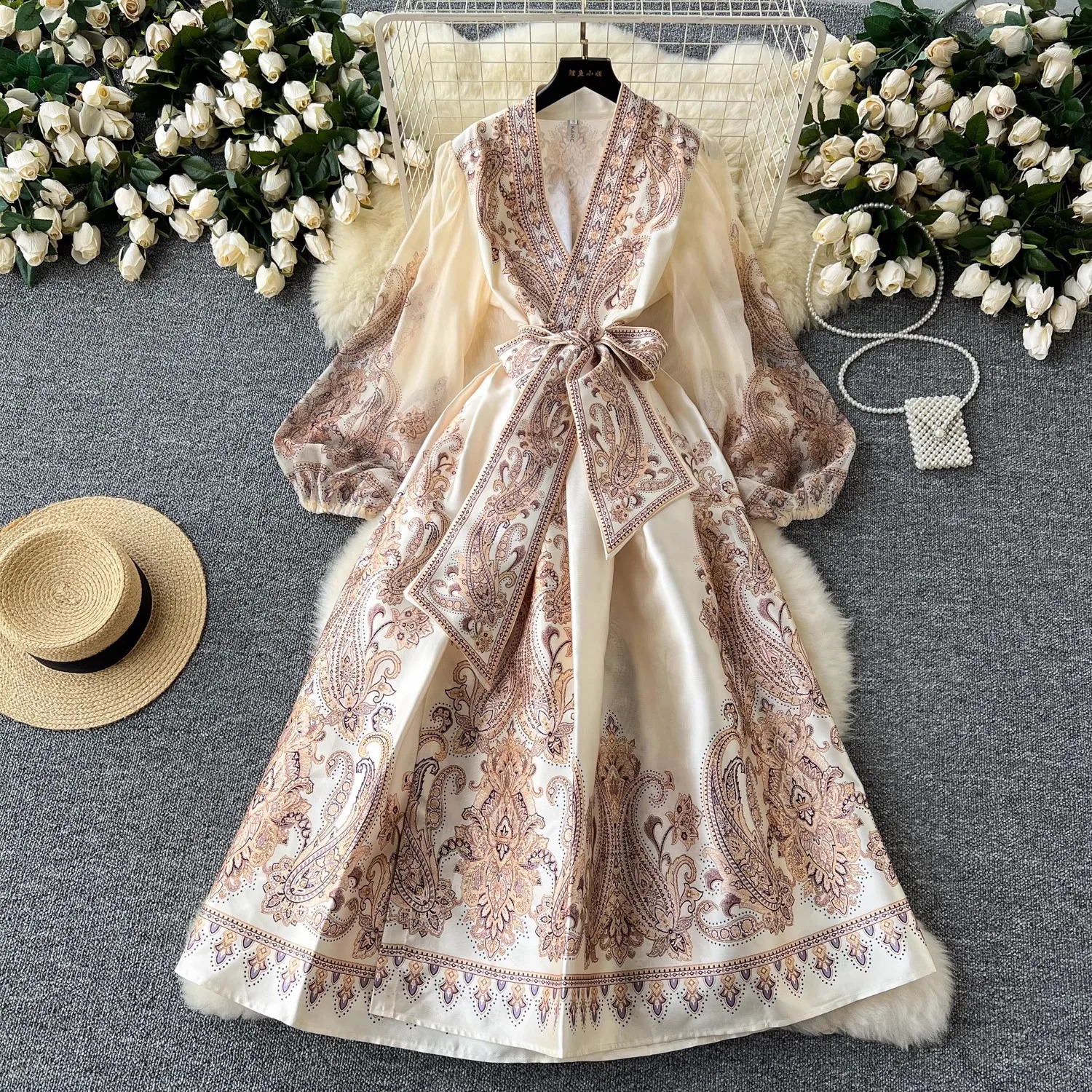 Spring Summer Bohemian Paisley Dress Holiday Puff Sleeve Cross V Neck Vintage Print Bandage Lace Up Robe Vestidos Maxi Clothes 260721banjia
