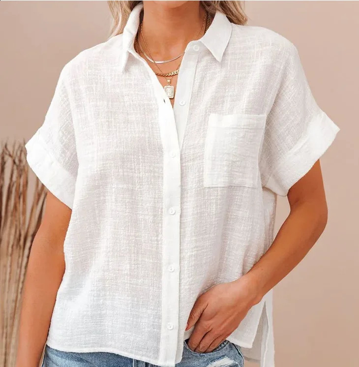 Fashion Cotton Linen Womens Shirts Casual Loose Short Sleeve Women Blouses Button Up Summer Woman Tops Clothes 260713BANJIA