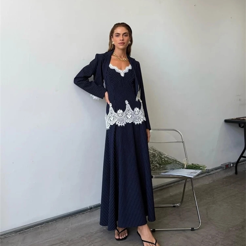 Elegant Striped Lace Patchwork 3-piece Set Women Chic Sling Top Cropped Blazer Maxi Skirt Sets 2026 Spring Lady Party Outfit 260722BJ