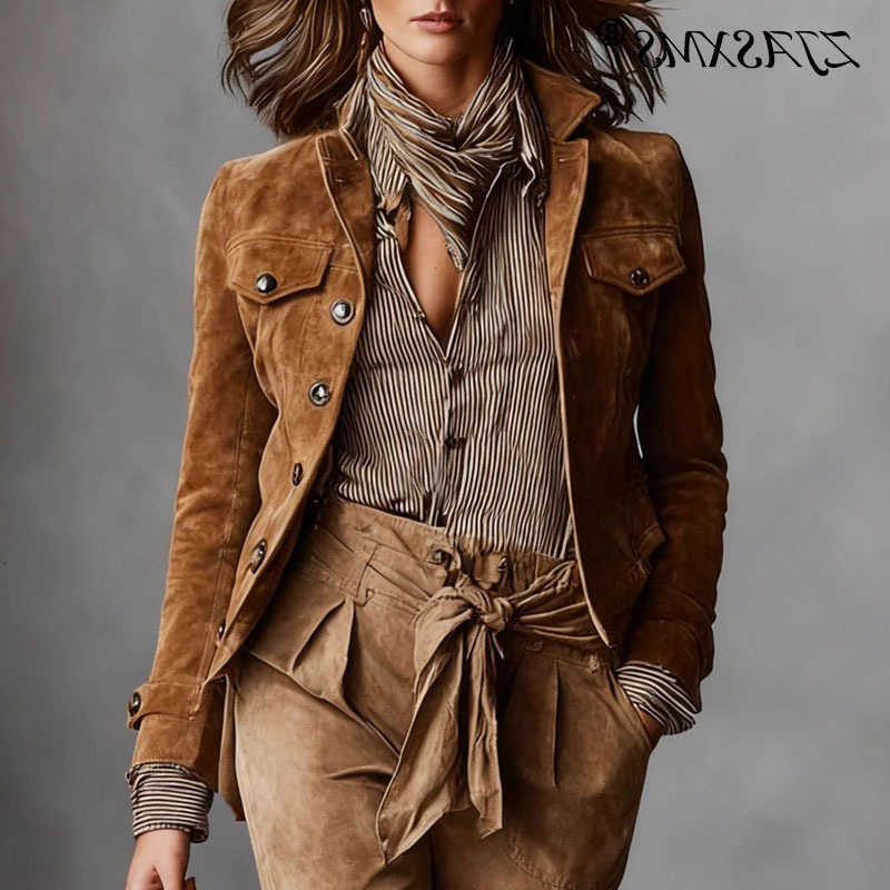 Solid Suede Retro Womens Jackets Outerwears Fashion Turn-down Collar Button Workwear Top Long Sleeve Slim Autumn Coat Cardigans T260723