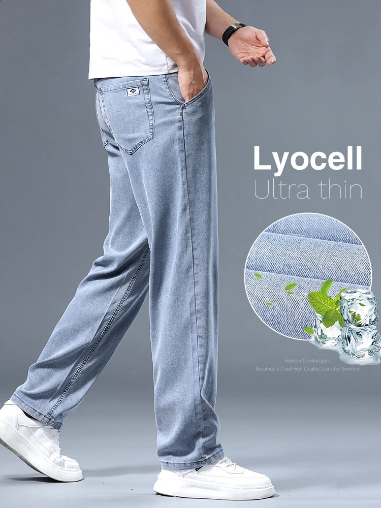 Summer Ultrathin Mens Jeans Lyocell Soft Breathable Loose Straight Light Blue Denim Pants Business Casual Ice Silk Trousers 260721banjia