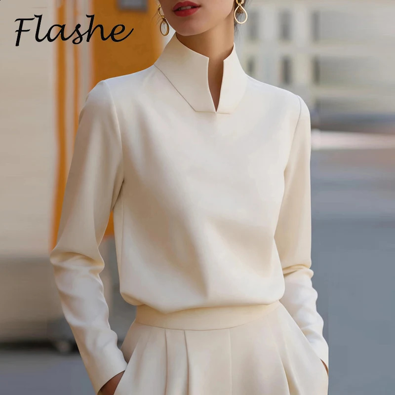 Split Neck Long Sleeve Blouse Women Elegant Stand Collar Office Lady Shirts Loose Shirt Spring Autumn Casual Pullovers 260713BANJIA