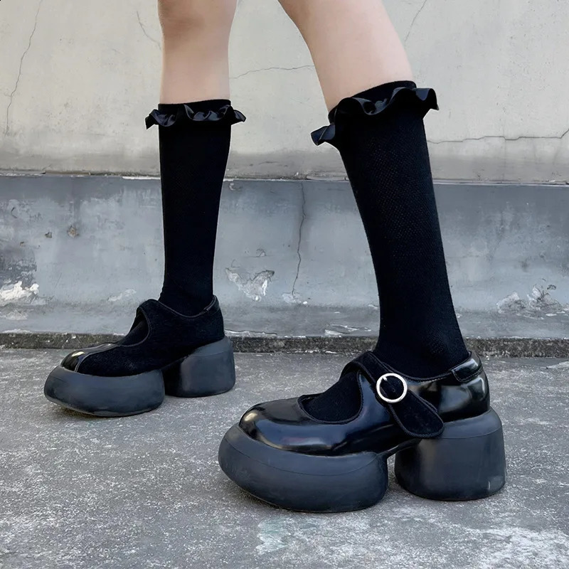 Fashion JK Girls Black Ruffle Edge Knee Socks For Women Summer Ultrathin Mesh Calf College Style White Long 260721banjia