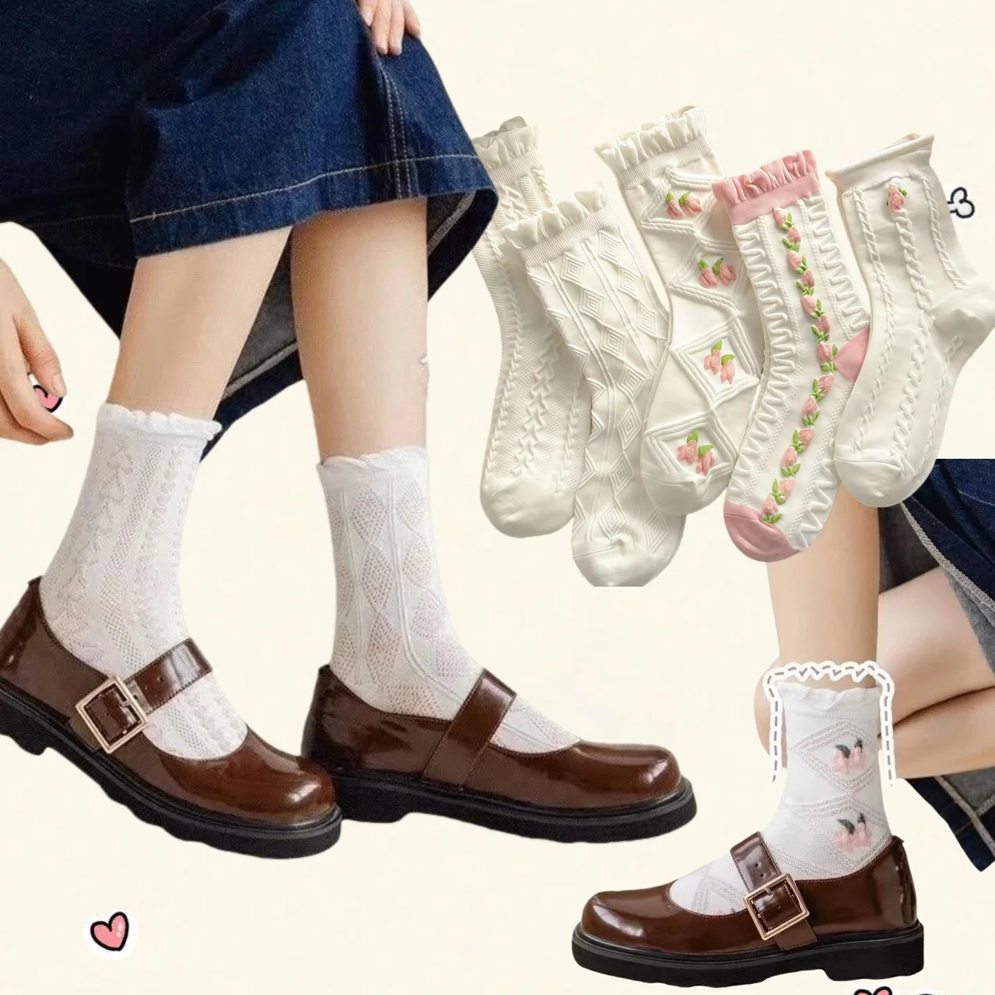 5 pairs of pink and white girl diamond patterned flower socks cute lace mid length 260721banjia
