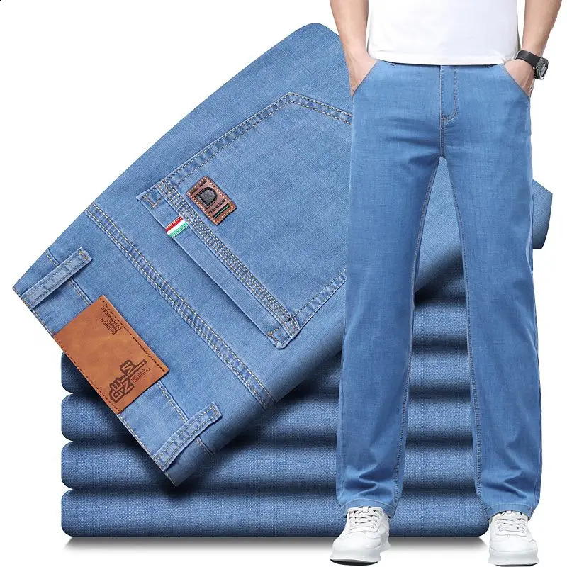 Summer Thin Mens Elastic Cotton Jeans Fashion Comfortable Business Straight Casual Denim Pants Male Clothes Slim Trousers 260721banjia