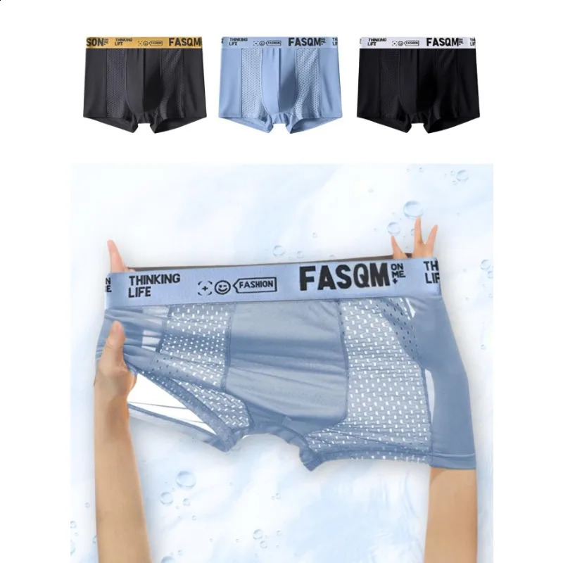 3pcs Mens Ice Silk Cool Soft Comfy Boxers Briefs Underwear Mesh Patch Breathable Stretchy Trunks 260717 33