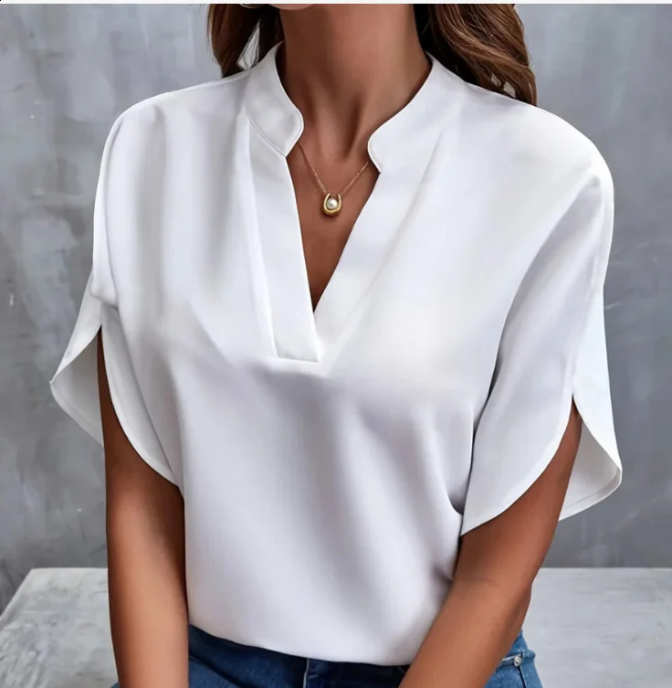 Summer Elegant Womens Blouse Vneck Short Sleeve Solid Color Loose Shirt Casual White Tops Office Lady Blouses 260713BANJIA