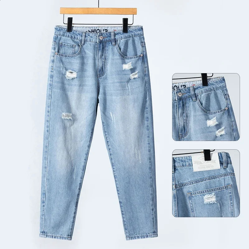 Summer Thin Ripped Jeans Mens Straight Breathable Washed Denim Trousers Casual Streetwear Harlen Ankle Length Pants Light Blue 260721banjia