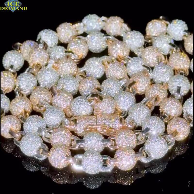 Chain Mens with 925 Sterling Silver Hip Hop Style Pass Diamond Tester GRA 10mm VVS Ice Cube Cuban Ball Beads Necklace-for Men
